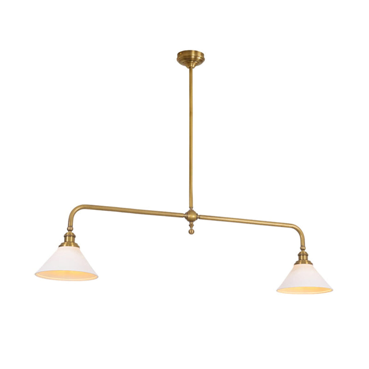 Brass two-light pendant with white ceramic shades illuminated