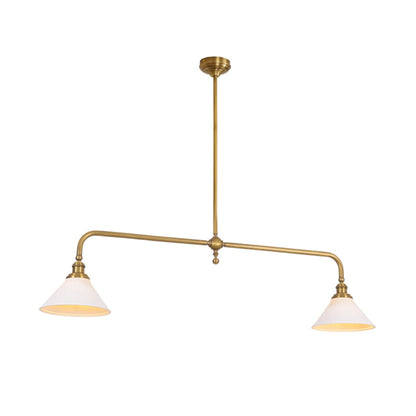 Brass two-light pendant with white ceramic shades illuminated