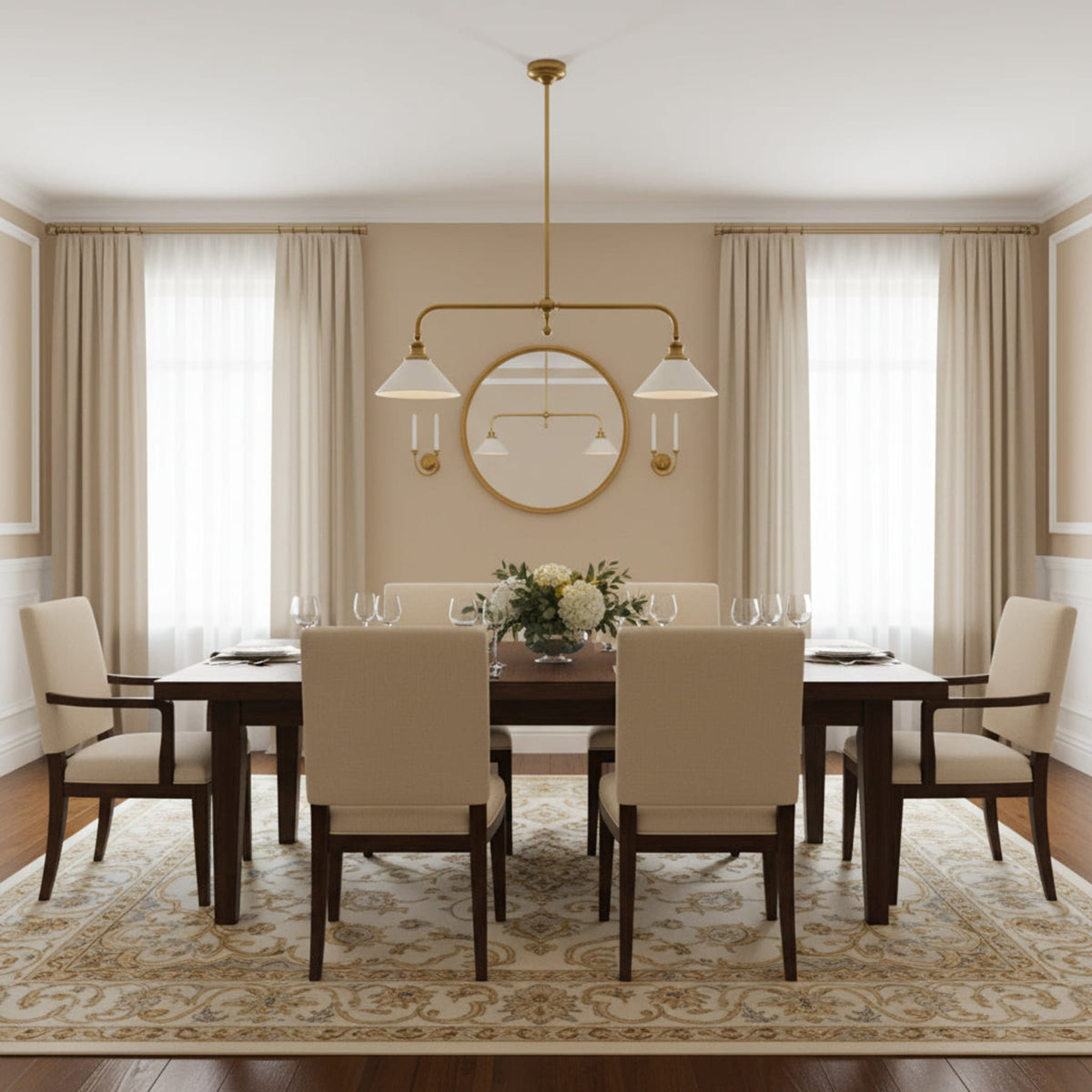 Brass pendant with white ceramic shades above a dining table