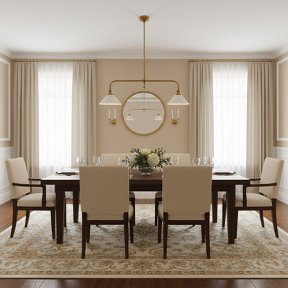 Brass pendant with white ceramic shades above a dining table