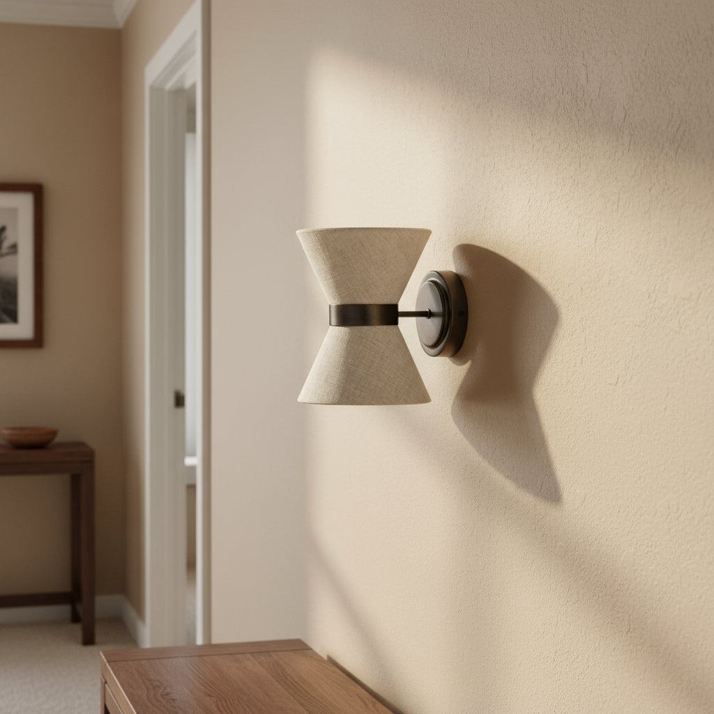 Bronze and linen wall light mounted above a sideboard
