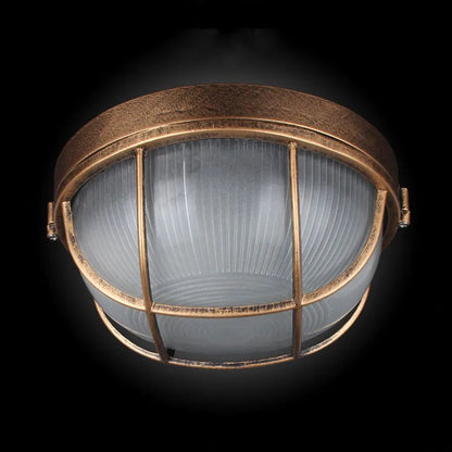 Bronze round outdoor bulkhead light with frosted glass and protective cage