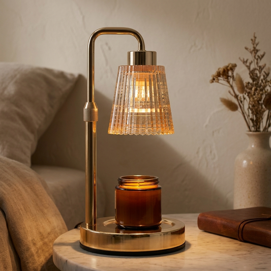 Brushed gold metal candle warmer lamp with ribbed glass shade
