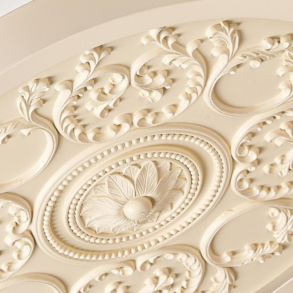 Close-up of carved rosette and scroll detailing