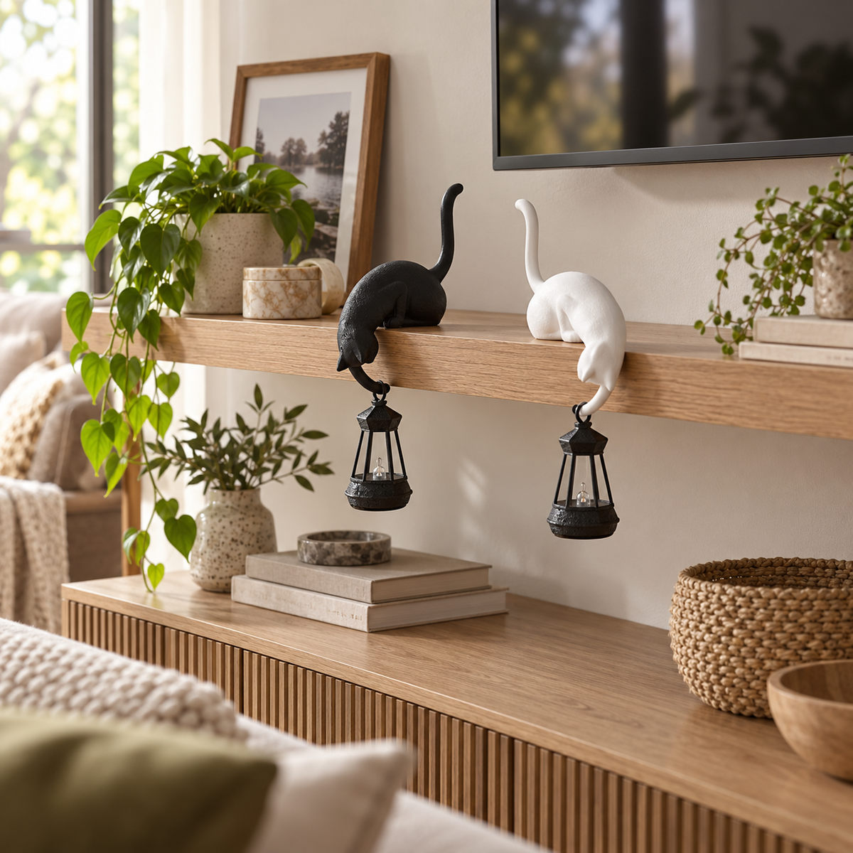 Black and white cat shelf lamps with hanging lanterns