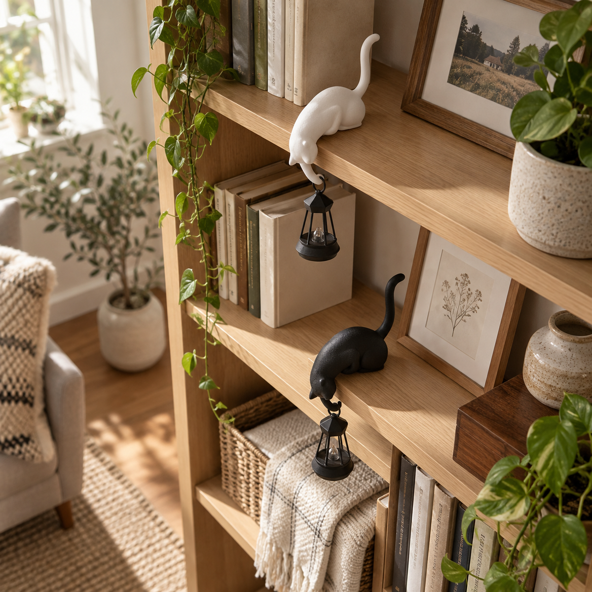 White and black cat lamps on staggered shelves