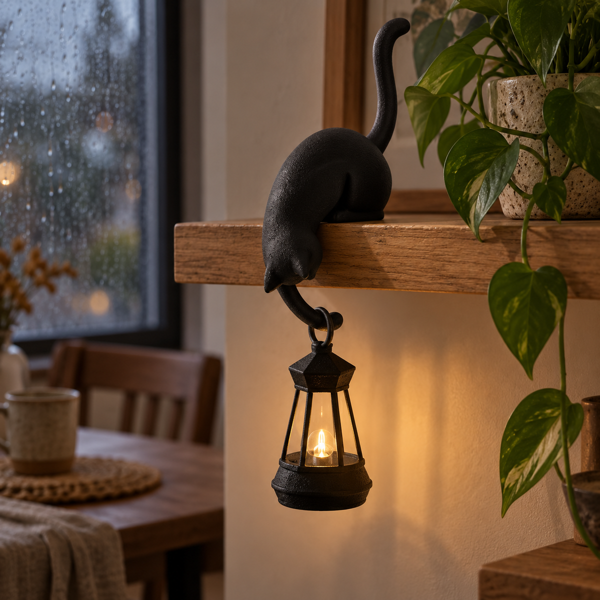 Black cat shelf lamp illuminated beside a window