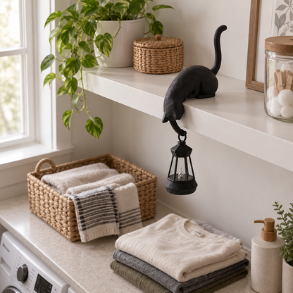 Black cat lamp on a shelf above a chair