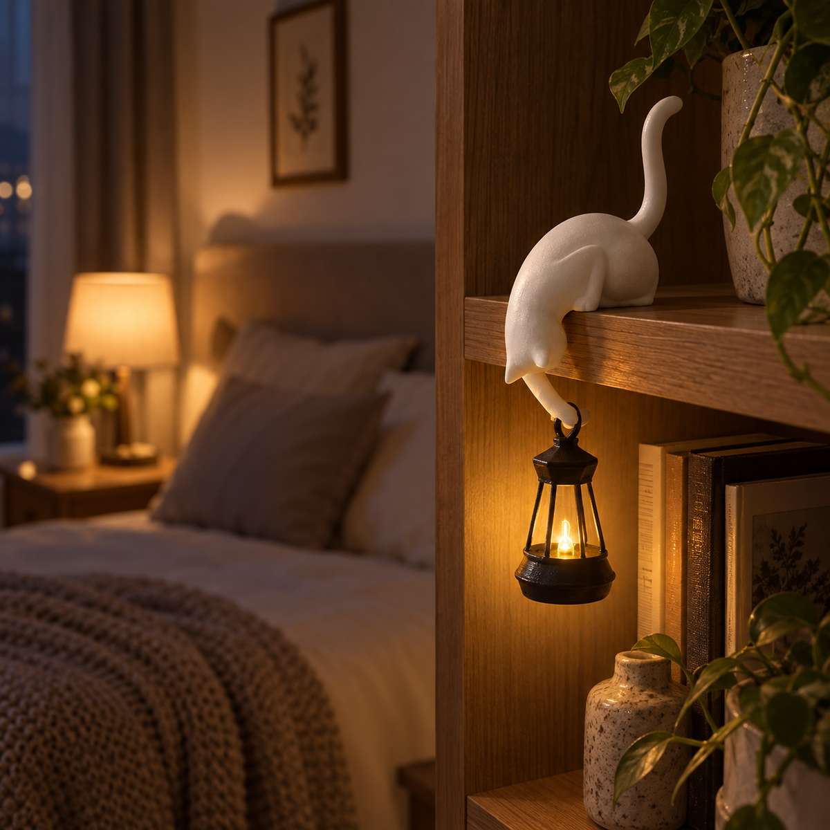 White cat shelf lamp with warm lantern light