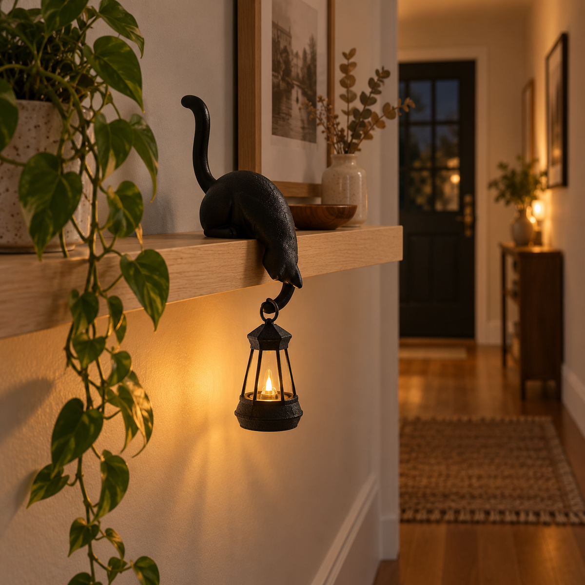 Black cat lamp with illuminated hanging lantern