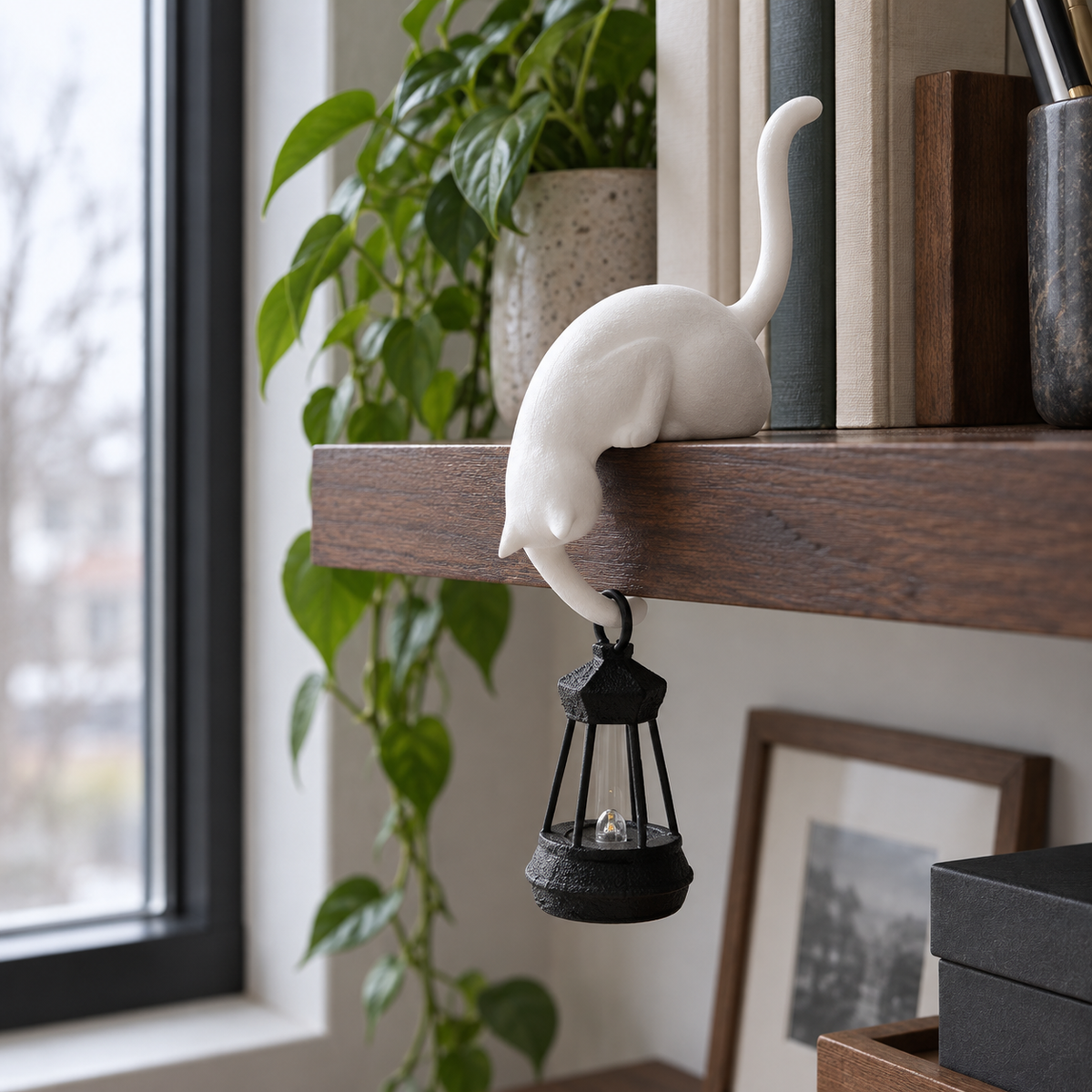 White cat figure and miniature lantern beside books