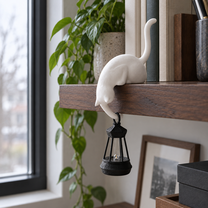 White cat figure and miniature lantern beside books