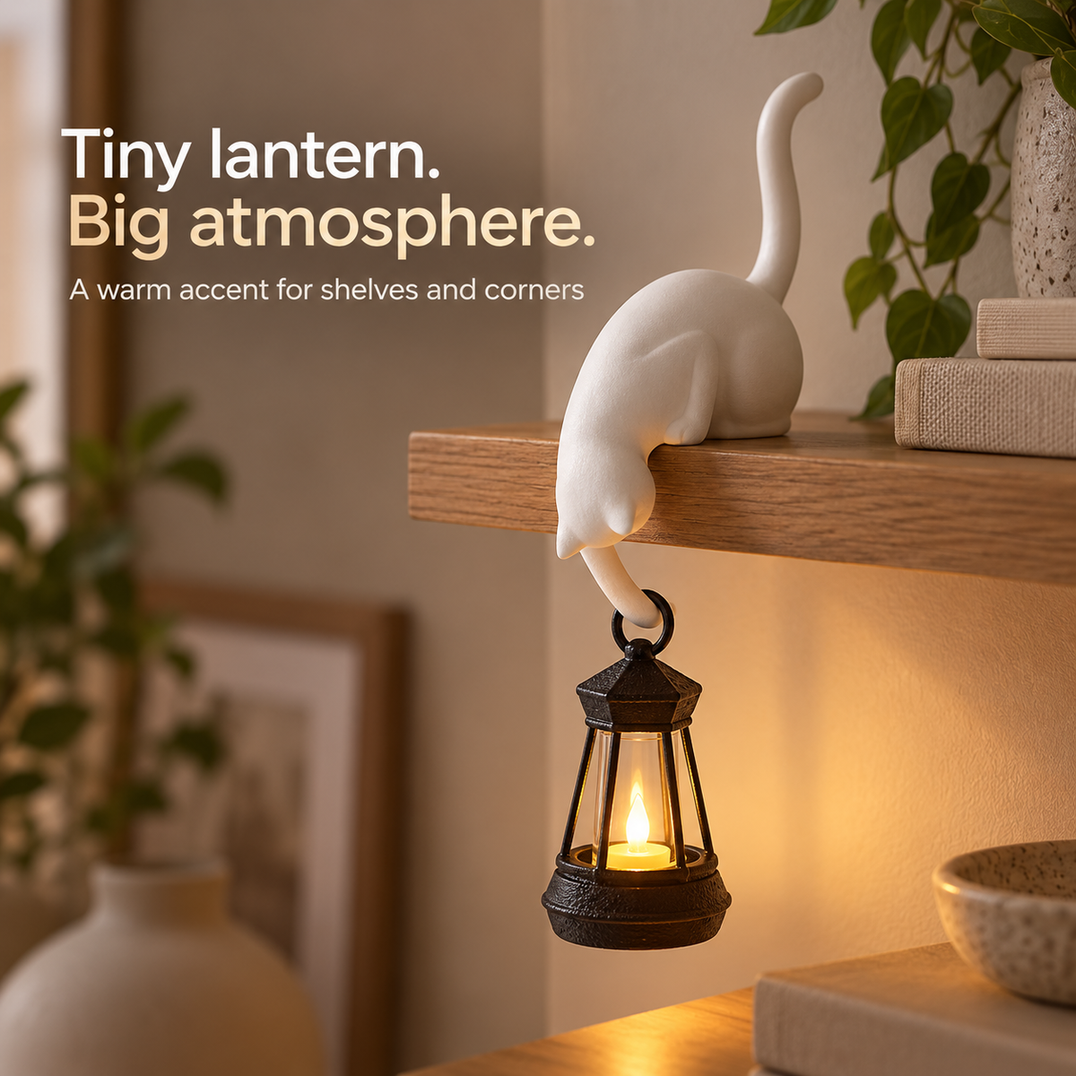 White cat shelf lamp with glowing lantern