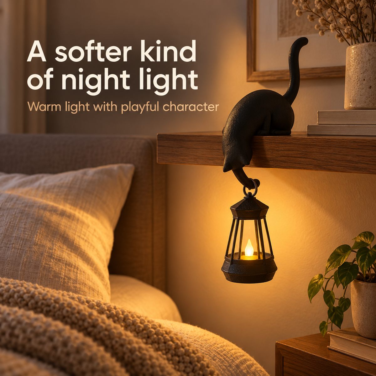 Black cat shelf lamp creating warm bedside light