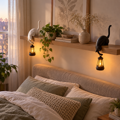 Cat shelf lamps above a bed