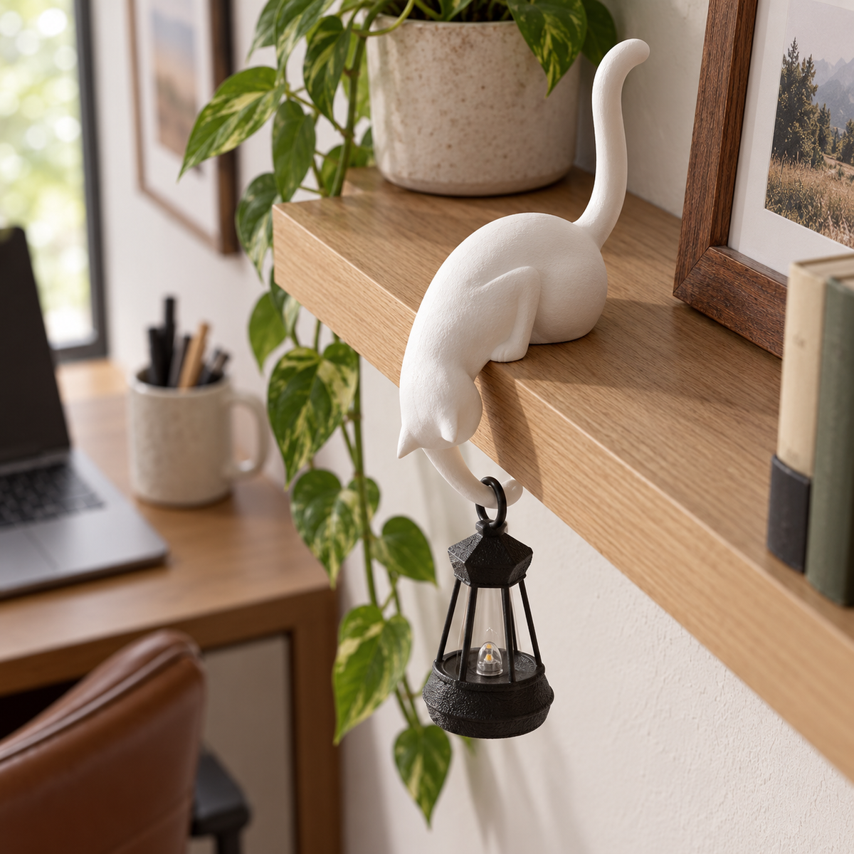 White cat figure leaning over a shelf edge