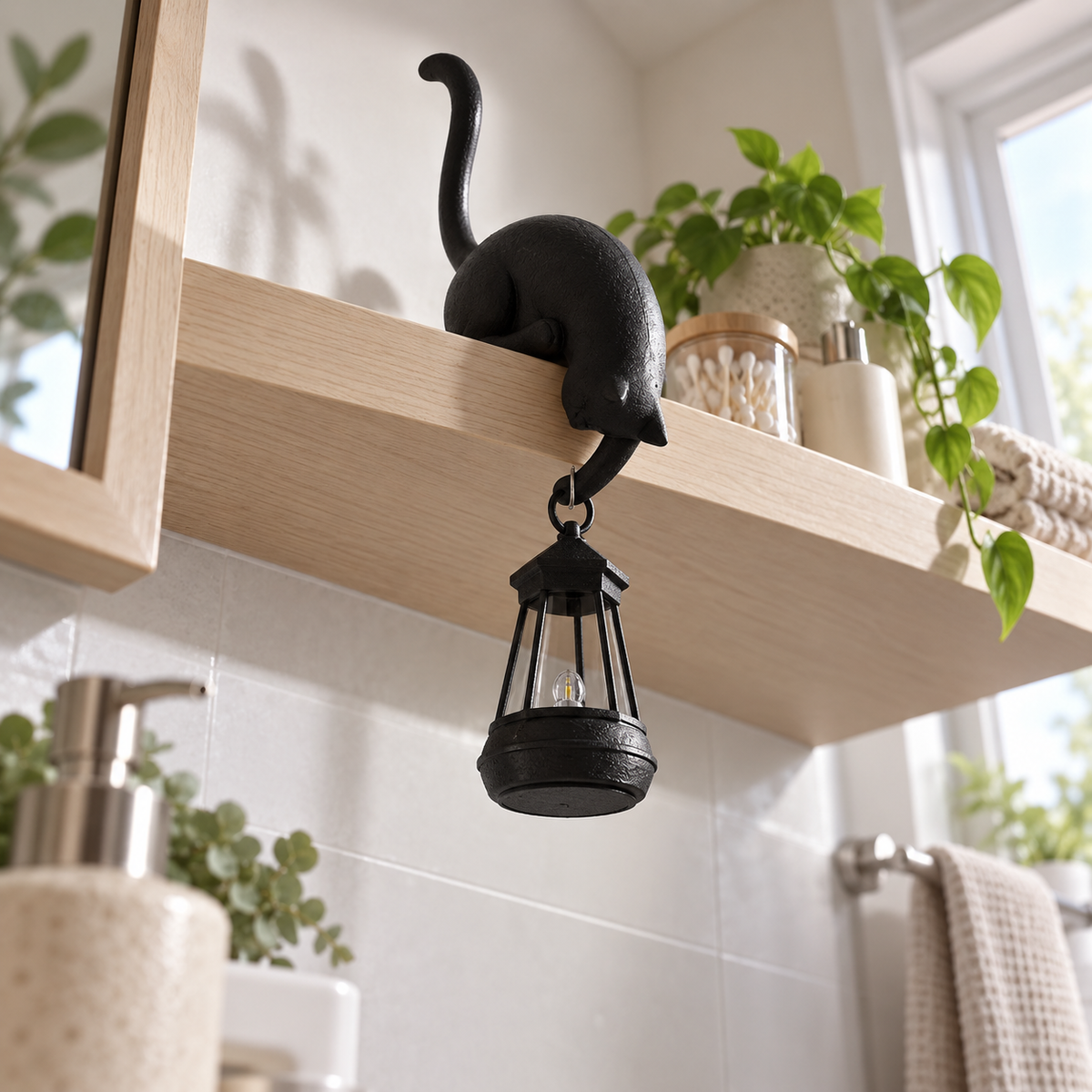 Black cat shelf lamp with miniature lantern