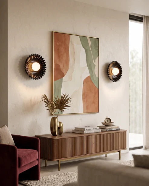 Ceramic flower lights above a living room sideboard
