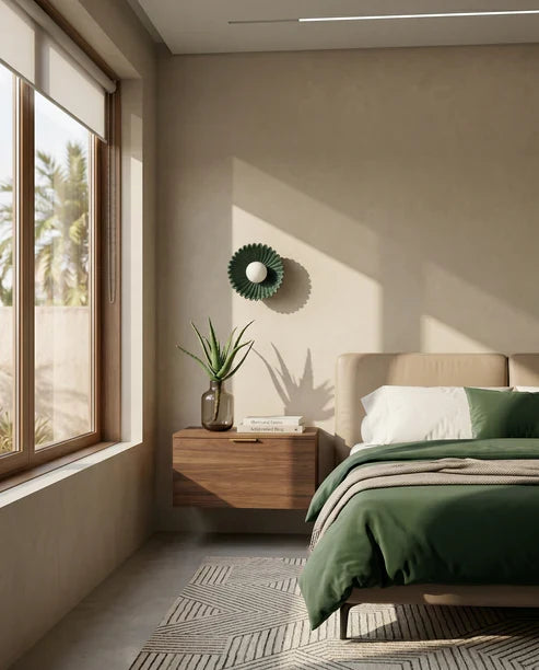 Green flower wall light in a bedroom