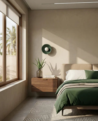 Green flower wall light in a bedroom