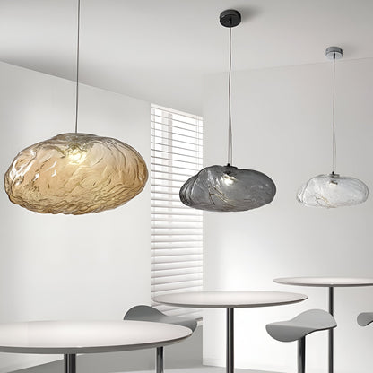 Brown, grey and clear cloud glass pendants in a room