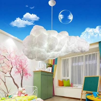 Sculptural cloud pendant light hanging in a colourful children's bedroom with a painted tree mural, green cabinet, and a bright blue sky ceiling.