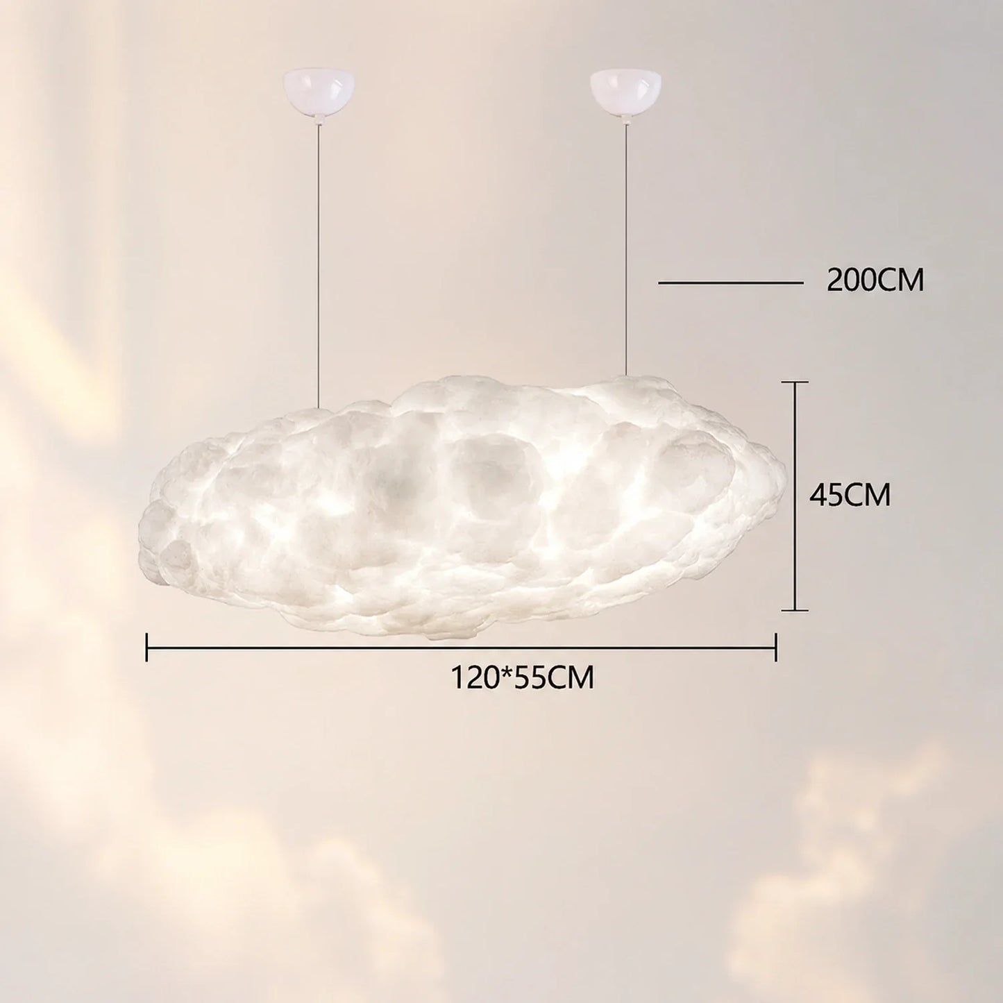 120cm sculptural cloud pendant light with dimensions shown, featuring a soft white glowing finish and adjustable hanging cables for modern interiors.