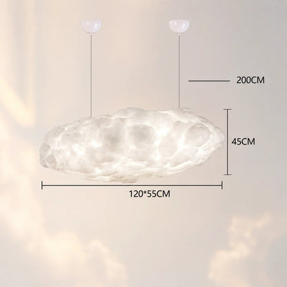 120cm sculptural cloud pendant light with dimensions shown, featuring a soft white glowing finish and adjustable hanging cables for modern interiors.