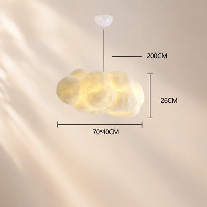 70cm sculptural cloud pendant light with warm LED glow, featuring dimension labels for height, width, and adjustable cable length for interior decor.