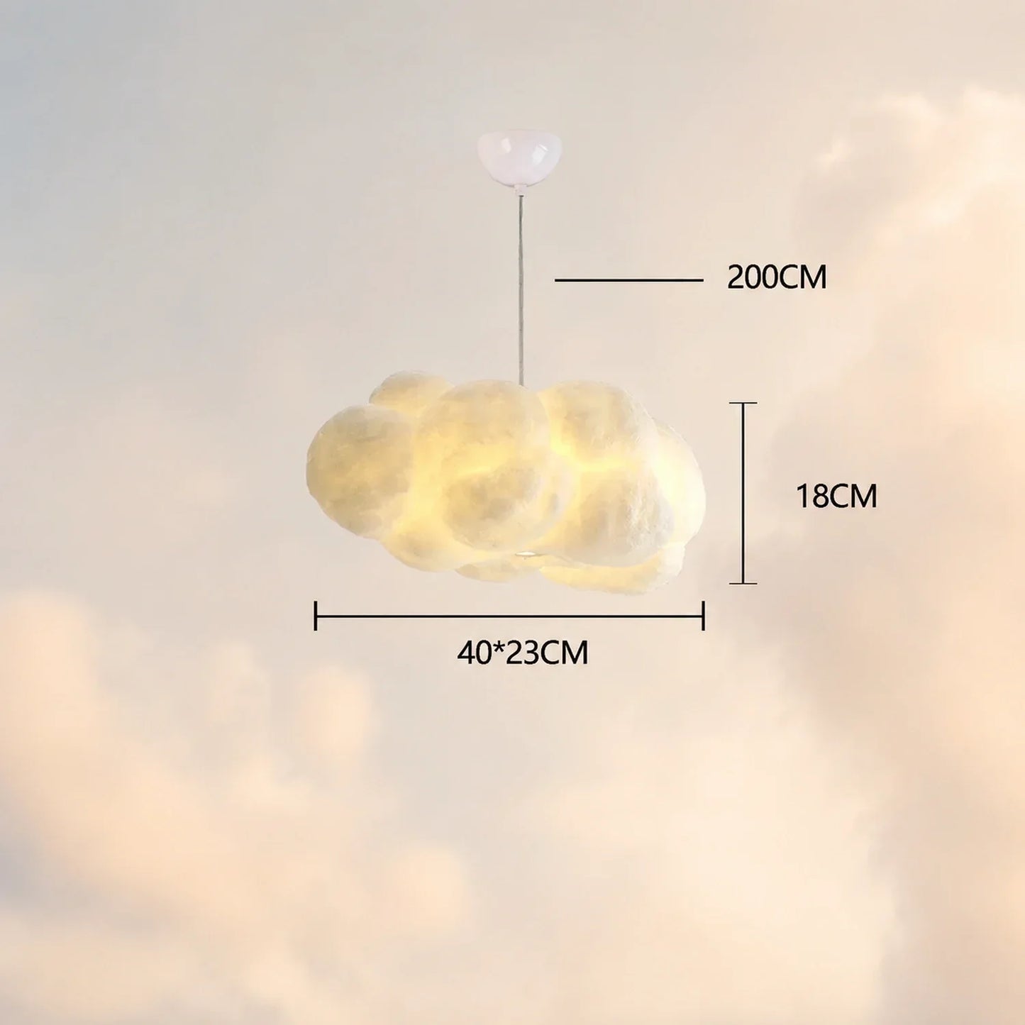 Cloud pendant light showing dimensions of 40x23cm width, 18cm height and 200cm drop, featuring a sculptural hanging lamp design with warm LED glow.