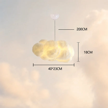 Cloud pendant light showing dimensions of 40x23cm width, 18cm height and 200cm drop, featuring a sculptural hanging lamp design with warm LED glow.
