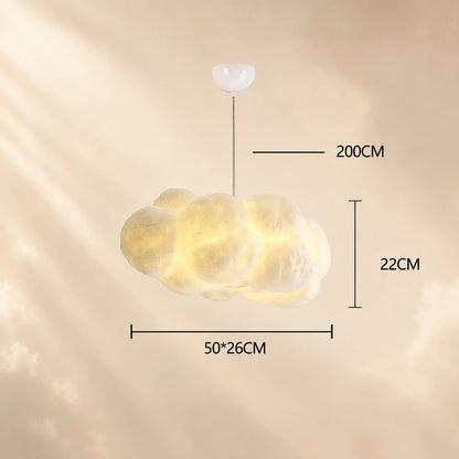 Cloud pendant light with a sculptural design, showing dimensions of 50cm by 26cm width, 22cm height, and a 200cm adjustable hanging cable length.
