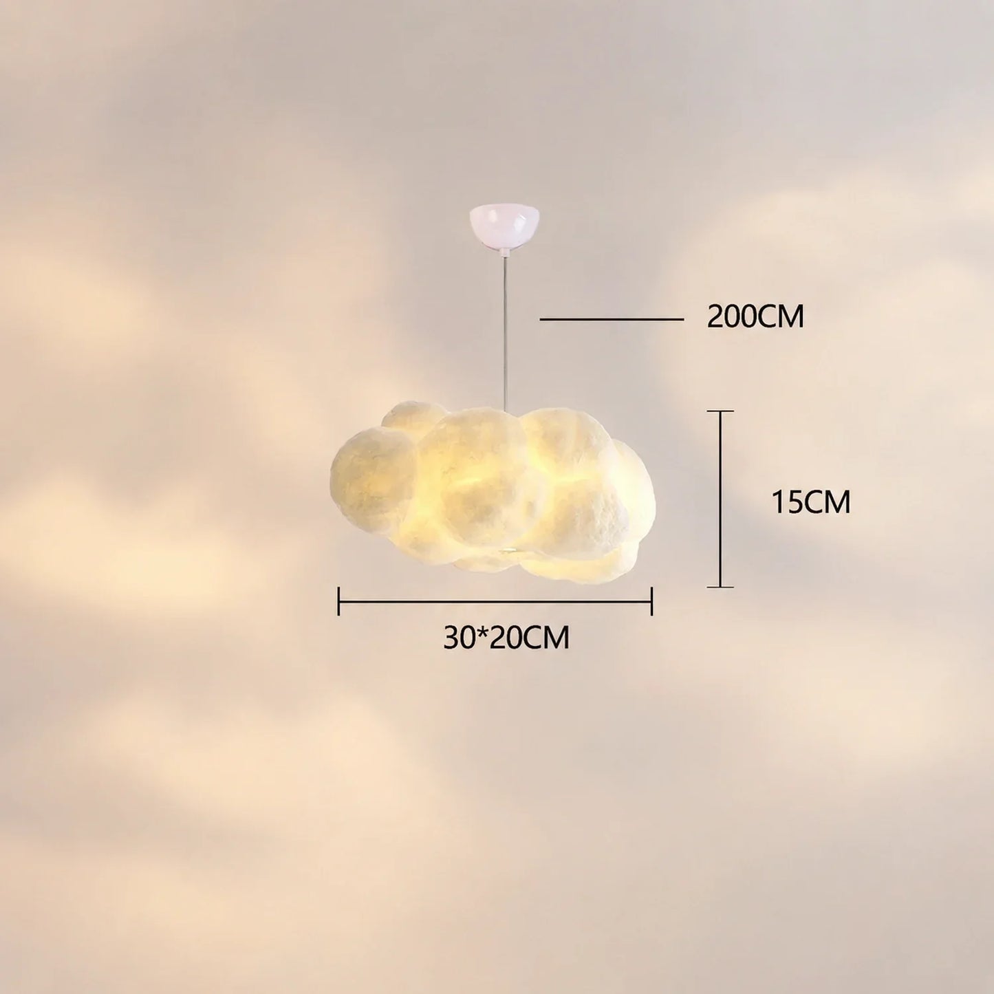 Cloud pendant light with a sculptural design, shown with dimension labels indicating a 30cm width and 15cm height for this modern hanging lamp.