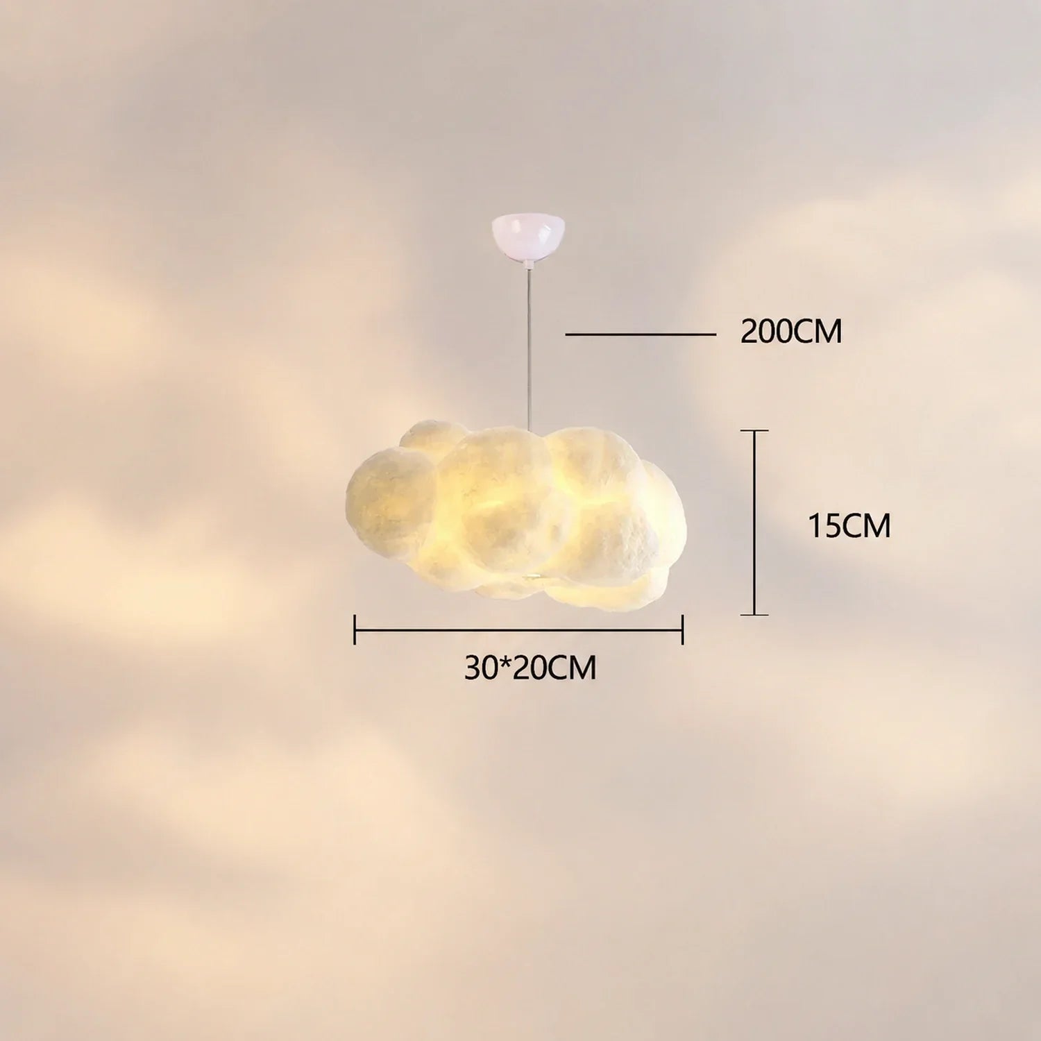 Cloud pendant light with a sculptural design, shown with dimension labels indicating a 30cm width and 15cm height for this modern hanging lamp.
