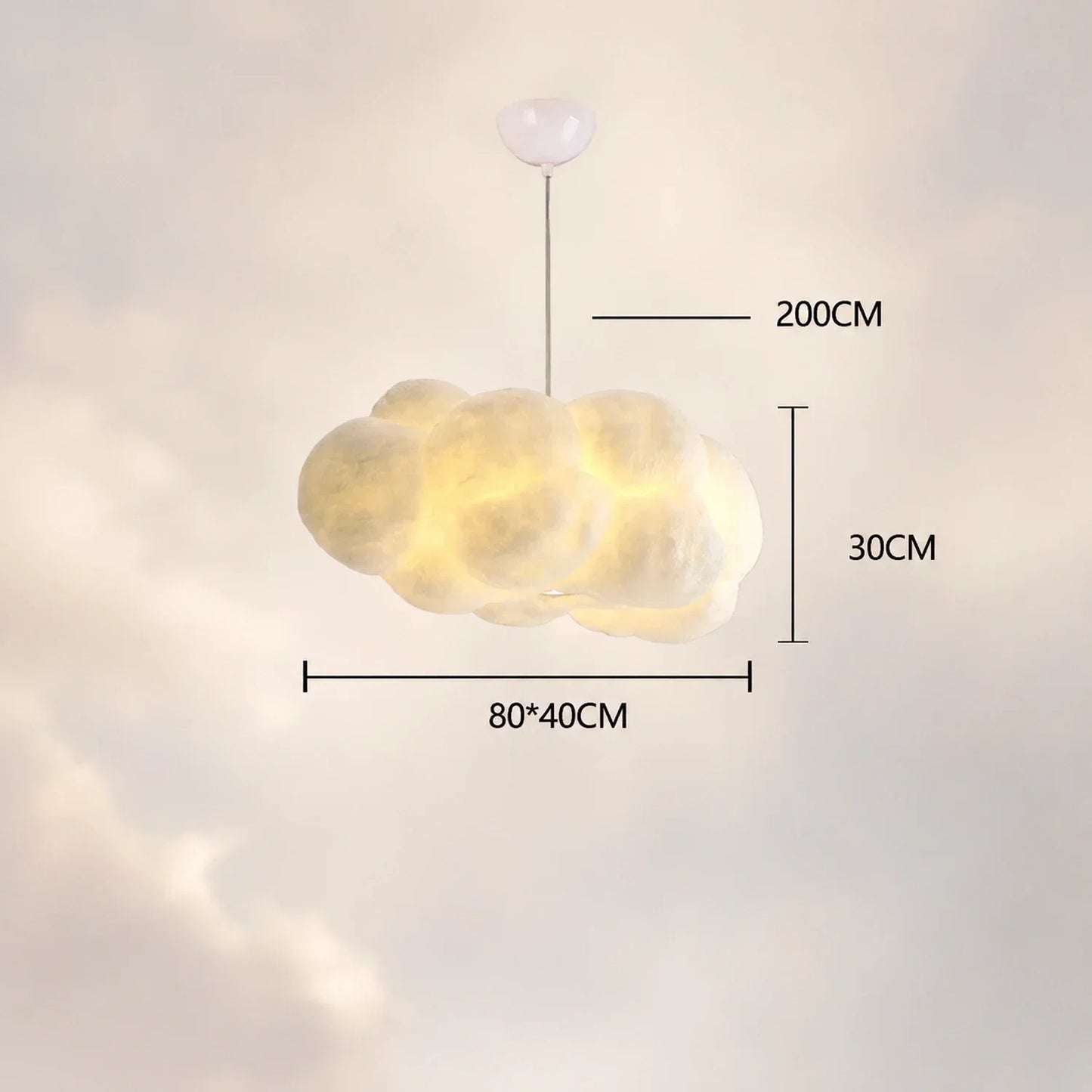 Cloud pendant light with a sculptural design, showing dimensions of 80cm by 40cm width, 30cm height, and a 200cm adjustable hanging cable length.