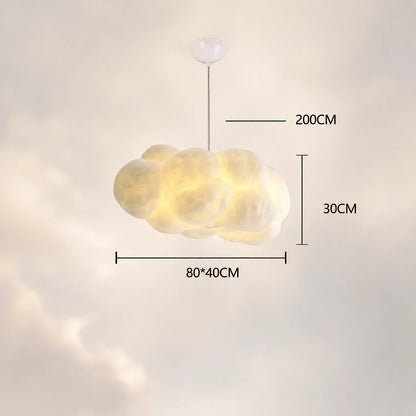 Cloud pendant light with a sculptural design, showing dimensions of 80cm by 40cm width, 30cm height, and a 200cm adjustable hanging cable length.