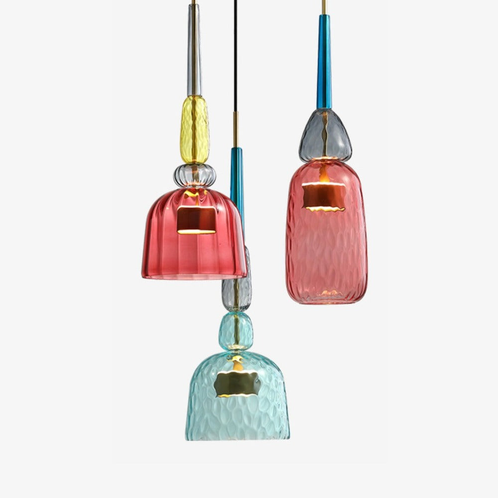 Coloured glass pendants with stacked decorative details