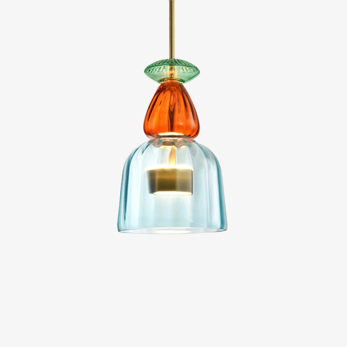 Design E blue glass pendant with orange and green details