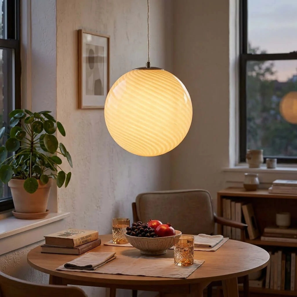 A round yellow swirl glass pendant light hangs above a wooden dining table, casting a warm glow in a modern, cosy living space with a houseplant.