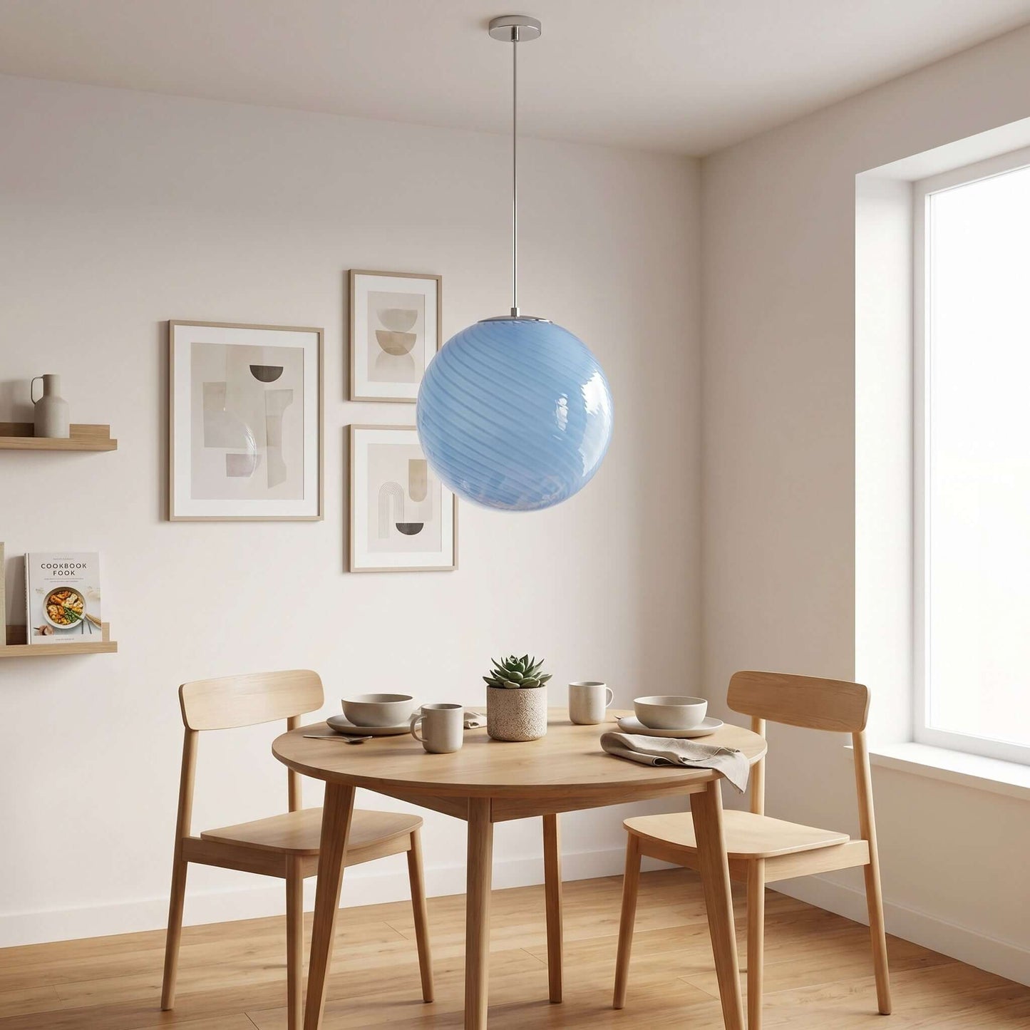 Modern blue swirl glass pendant light suspended above a wooden dining table in a contemporary room, providing stylish lighting for a dining space.