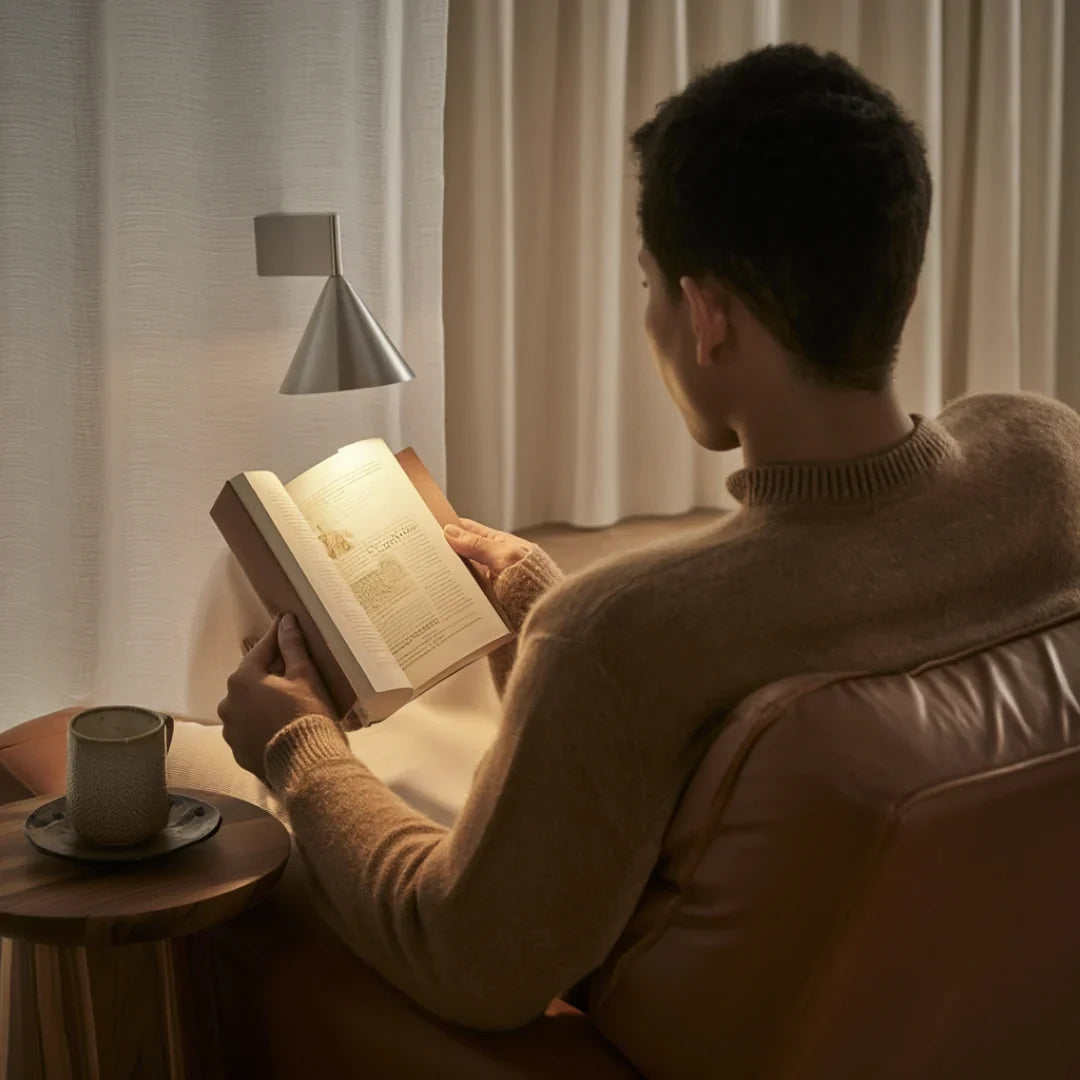 Cone wall sconce illuminating a reading area