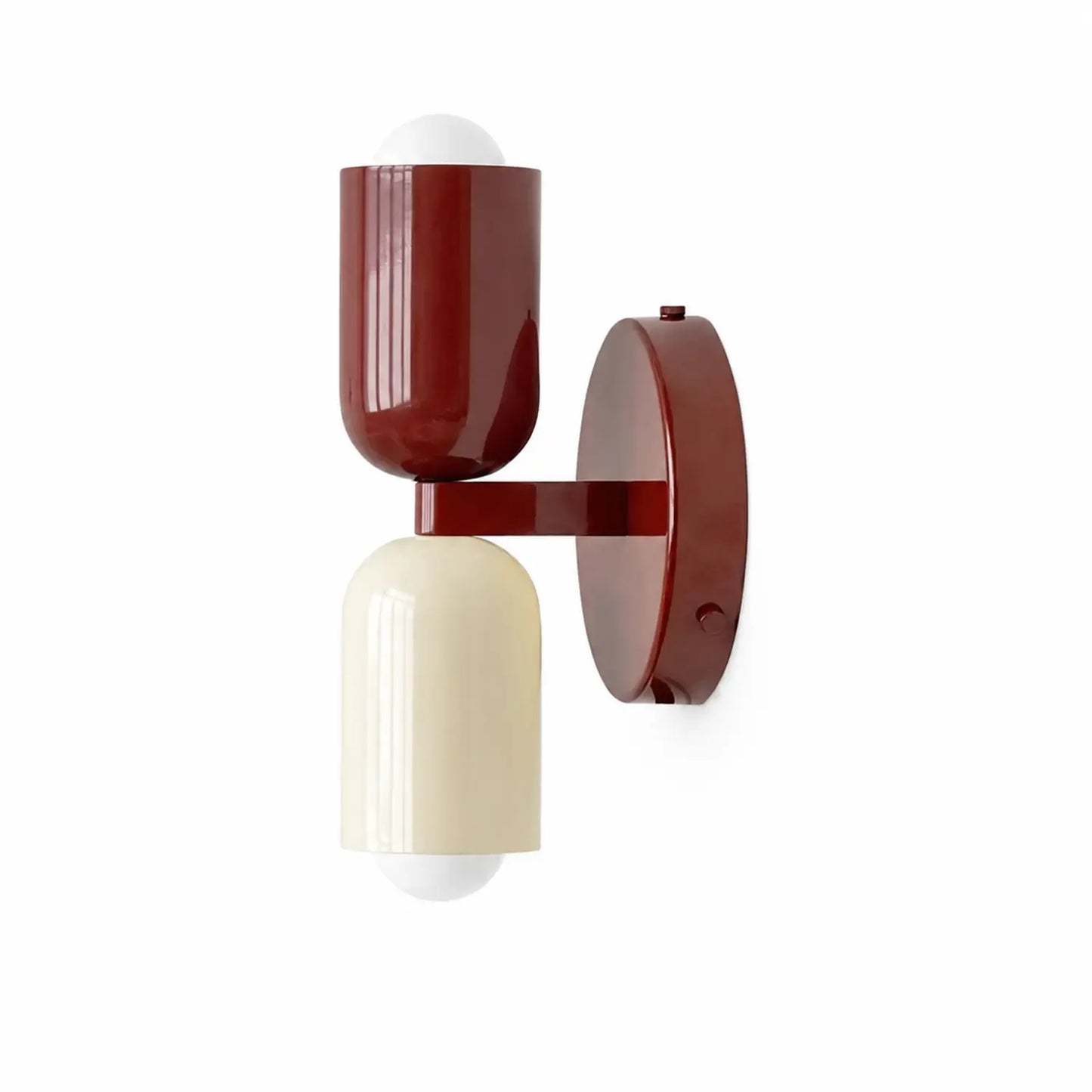 Contemporary dual-cylinder wall lamp featuring a deep red and cream finish, designed with an up and down light orientation for modern indoor lighting.