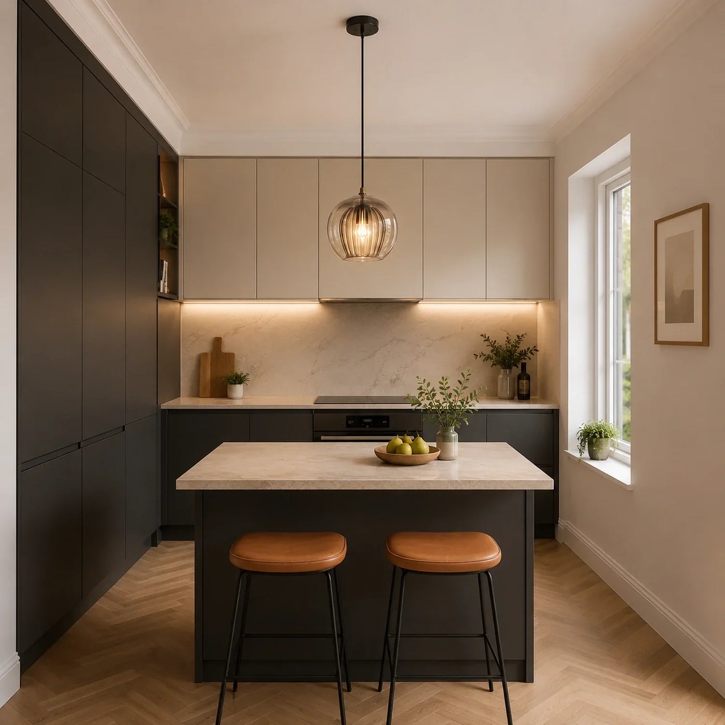 A 20cm amber ribbed glass globe pendant light hangs above a modern kitchen island, illuminating the contemporary space with a warm, cool-toned glow.