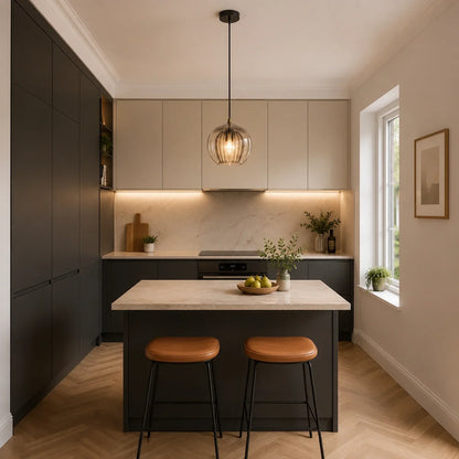 20cm amber ribbed glass globe pendant light hanging above a modern kitchen island with tan leather stools and neutral cabinetry.