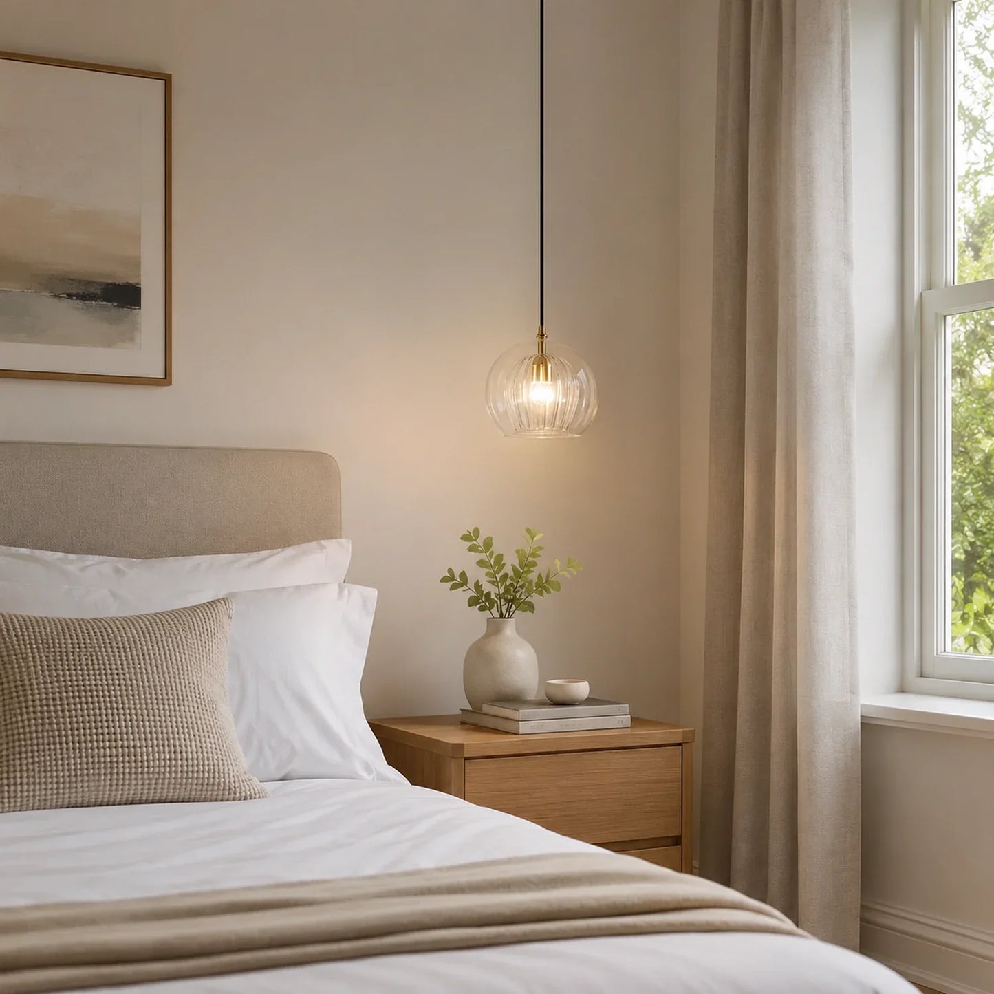 A 15cm clear ribbed glass globe pendant light hanging above a bedside table in a modern, neutrally decorated bedroom with soft ambient lighting.