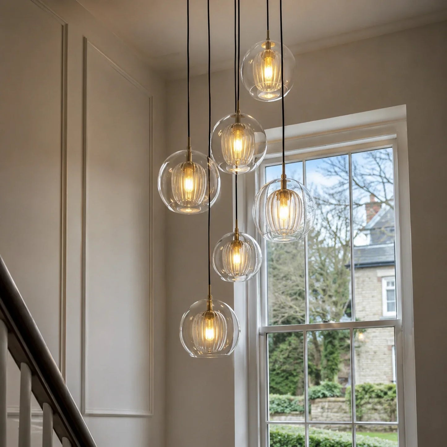 A cluster of contemporary ribbed glass globe pendant lights with warm glowing bulbs, suspended at varying heights in a bright stairwell by a window.