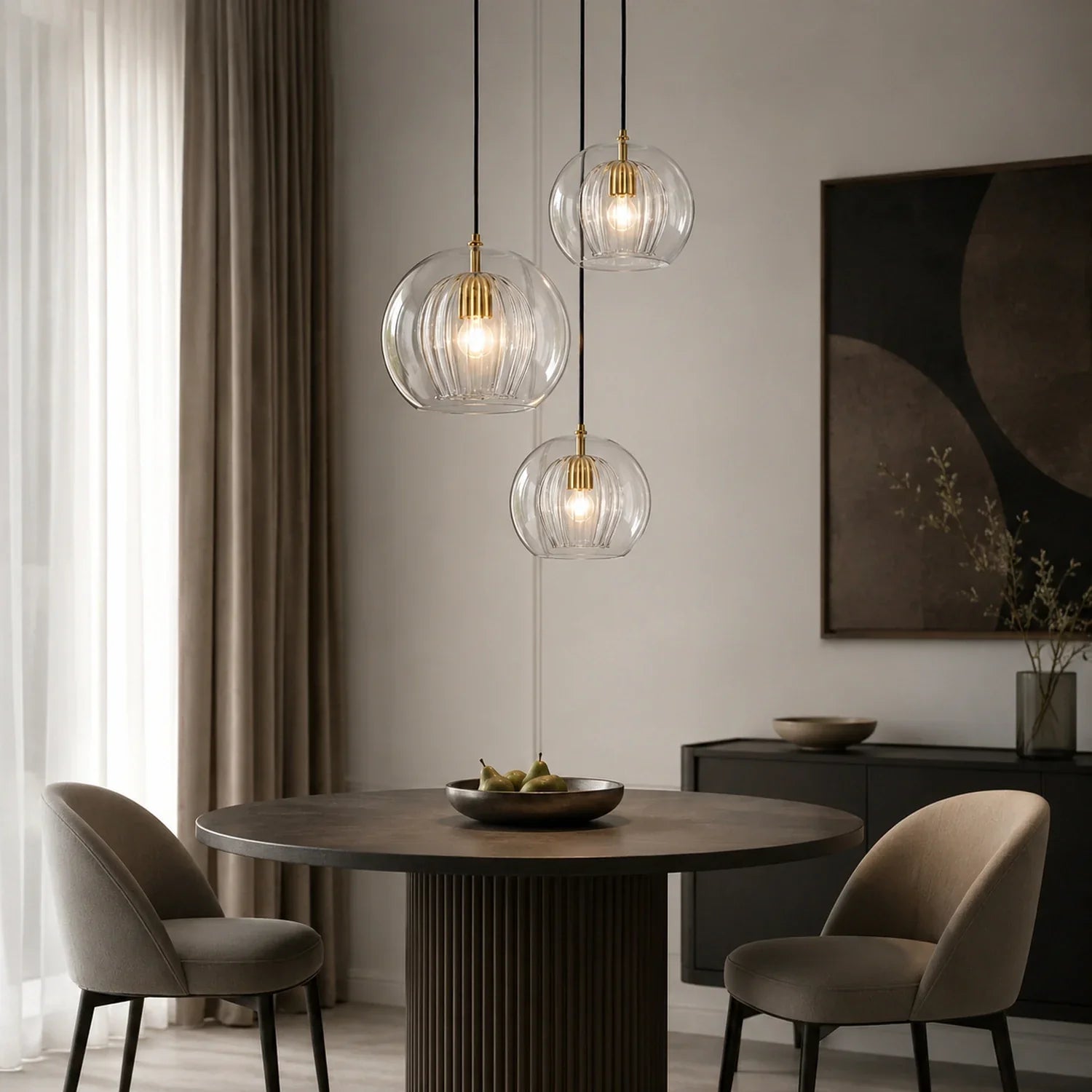 Three contemporary ribbed glass globe pendant lights with brass fittings hanging above a round dining table in a modern, neutral-toned dining room.