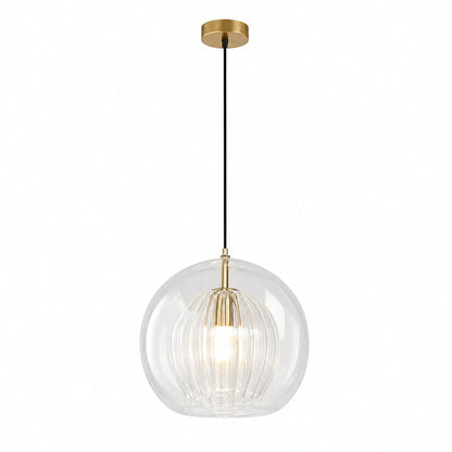 Contemporary globe pendant light featuring a clear glass shade with an internal ribbed glass detail, suspended by a black cable and gold ceiling rose.