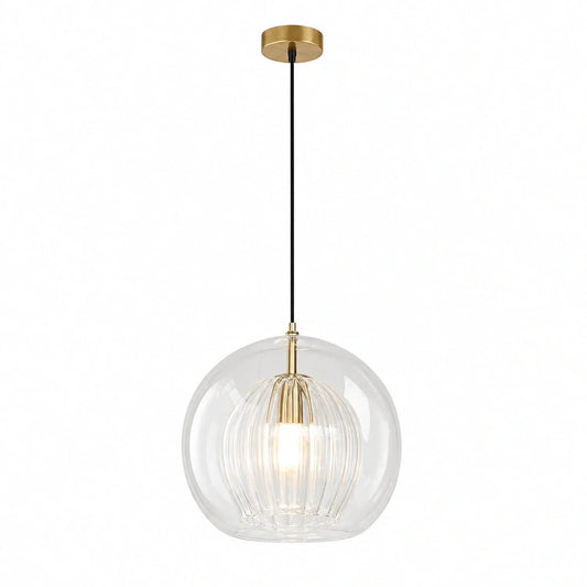 Contemporary globe pendant light featuring a clear glass shade with an internal ribbed glass detail, suspended by a black cable and gold ceiling rose.