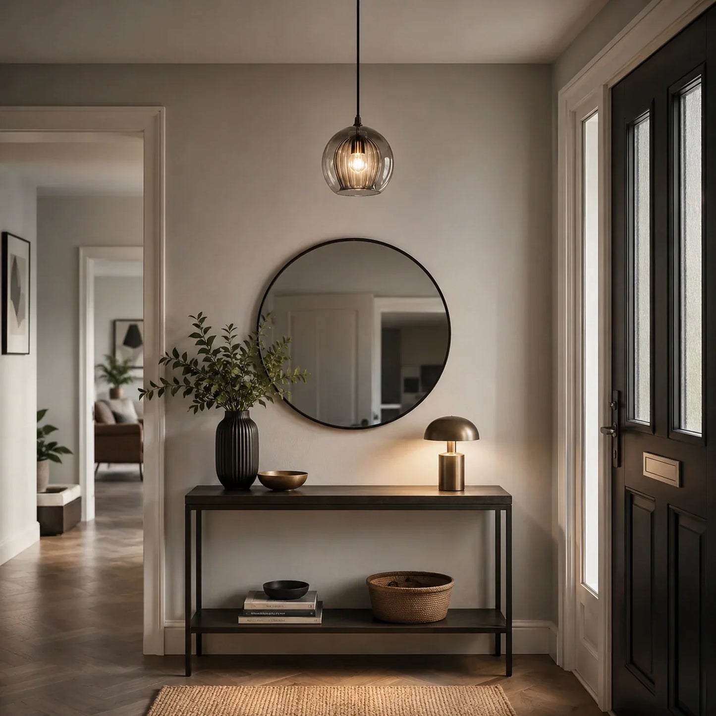 A 15cm smoky grey ribbed glass globe pendant light hanging in a modern hallway above a console table with a round mirror and decorative accessories.